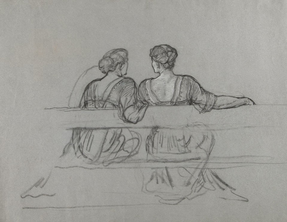 Portrait study of two unidentified women seated on a bench, ... Image 1