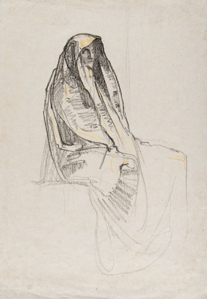 Portrait study of unidentified seated figure in hooded robe Image 1
