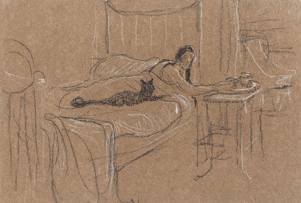 Portrait study of unidentified woman in bed with cat Image 1