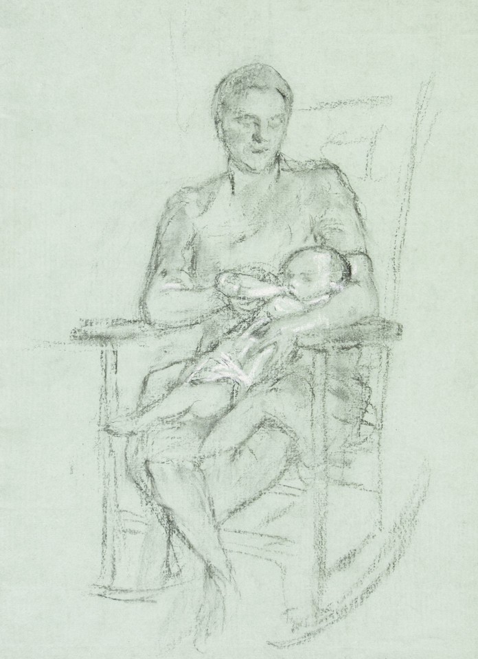 Portrait study of woman in rocker giving infant a bottle Image 1