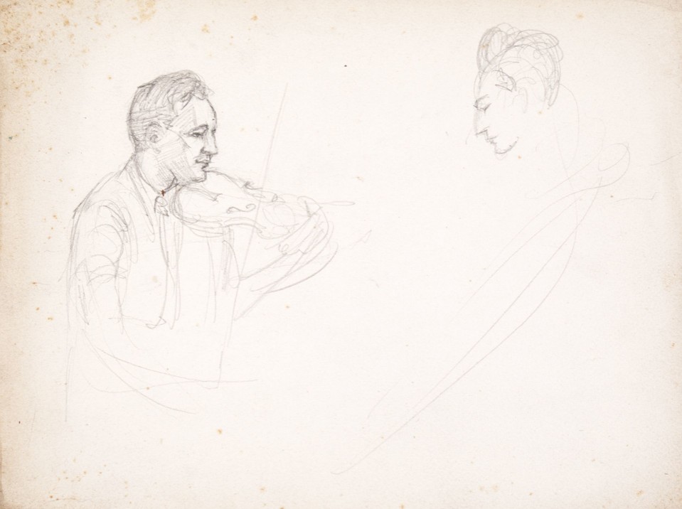 Portrait study of unidentified man playing violin and head ... Image 1