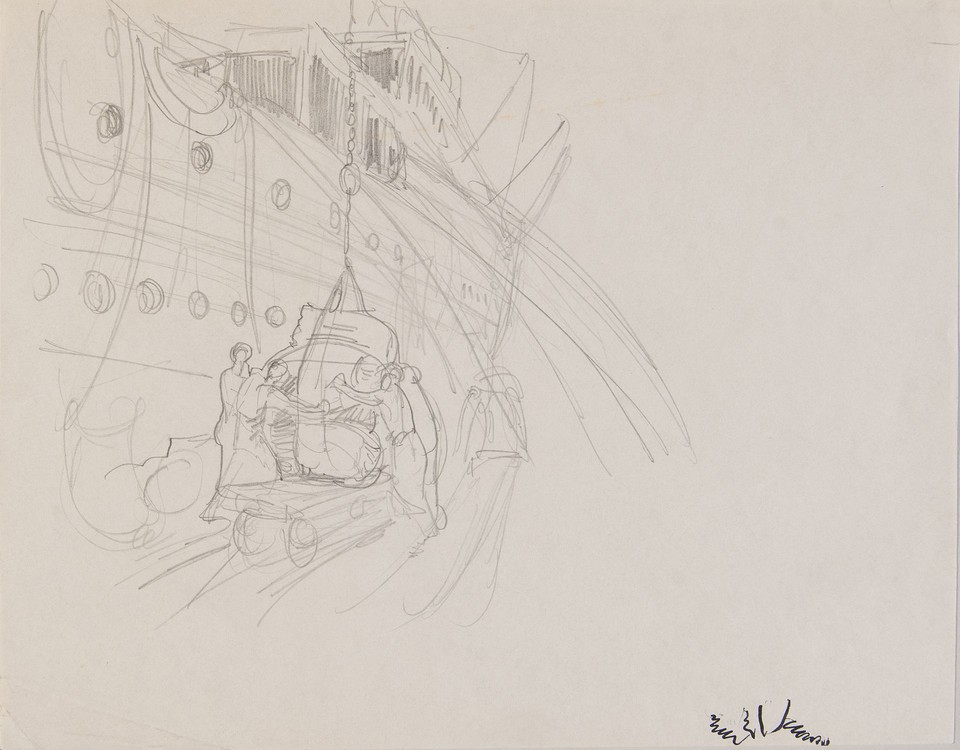 Illustration study of men hoisting bales onto ship for ... Image 1