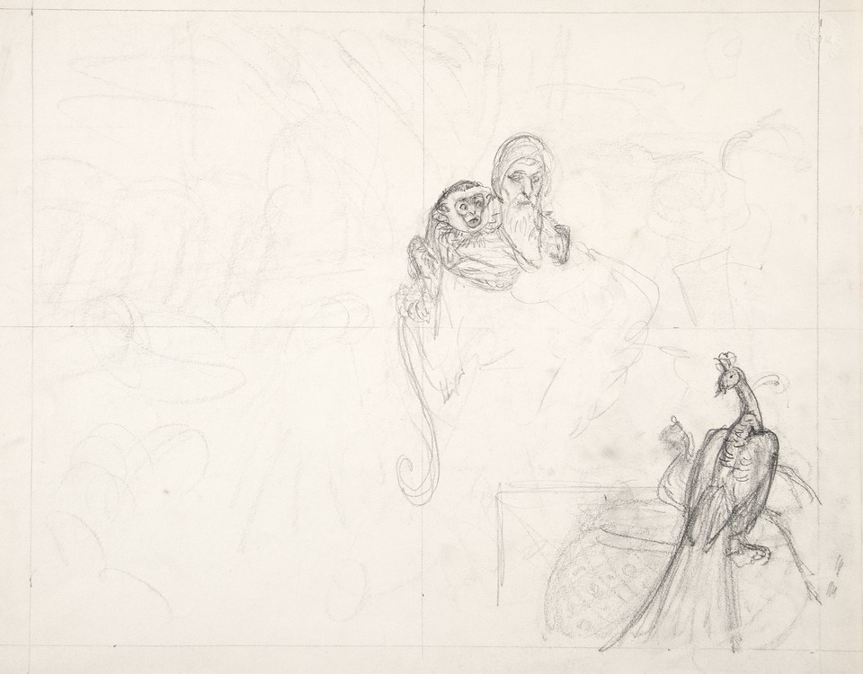 Illustration study of bearded man with monkey on his back an ... Image 1