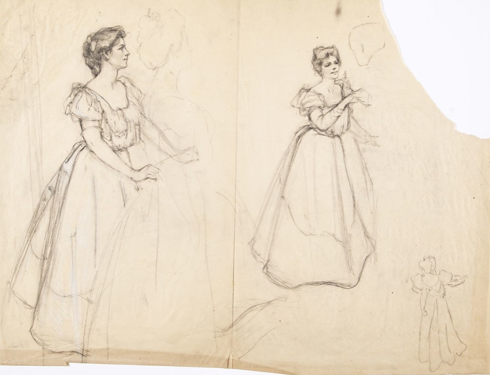 Illustration studies of woman in gown with thumbnail sketch  ... Image 1