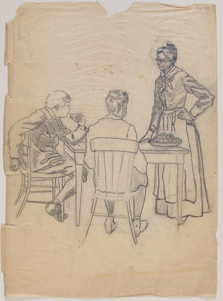 Illustration study of mother (standing) and two boys seated  ... Image 1