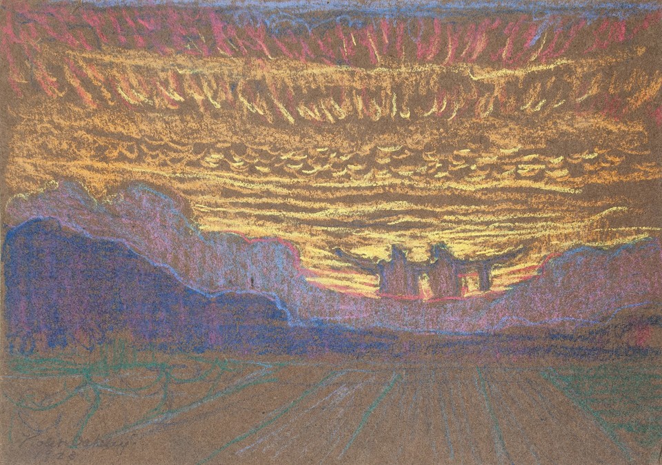 Sunset over mountains, with two figures with arms clasped in ... Image 1
