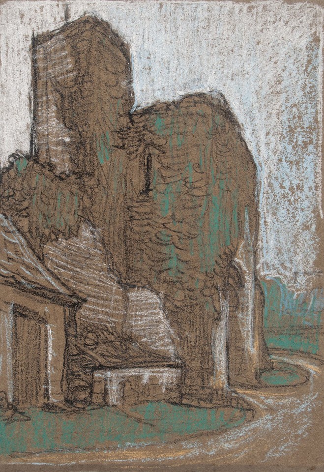 Study of ivy-covered tower and wall and nearby cottage Image 1