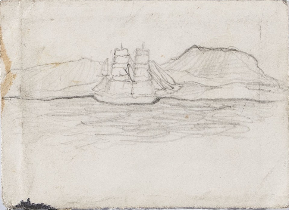 Sketch of a tall ship and mountainous coast for an unidentif ... Image 1
