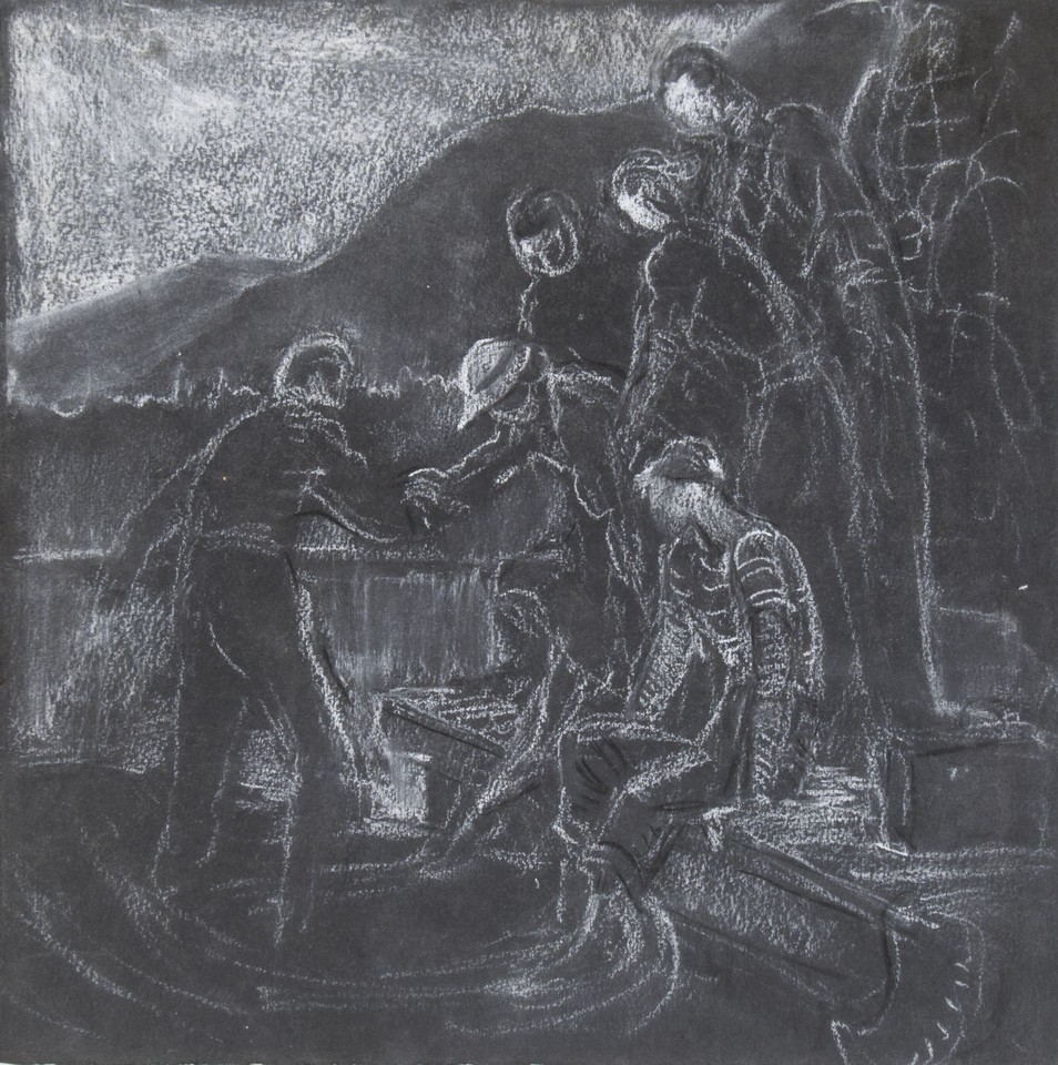 Study of unidentified group of men and women climbing into ... Image 1