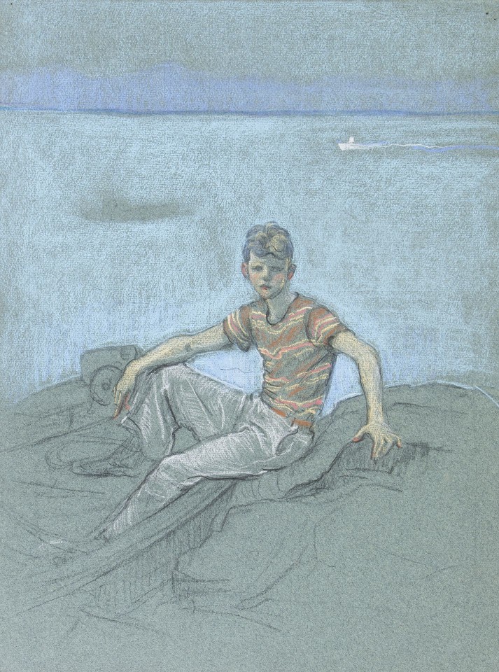 Study of boy seated on rock with feet in boat Image 1