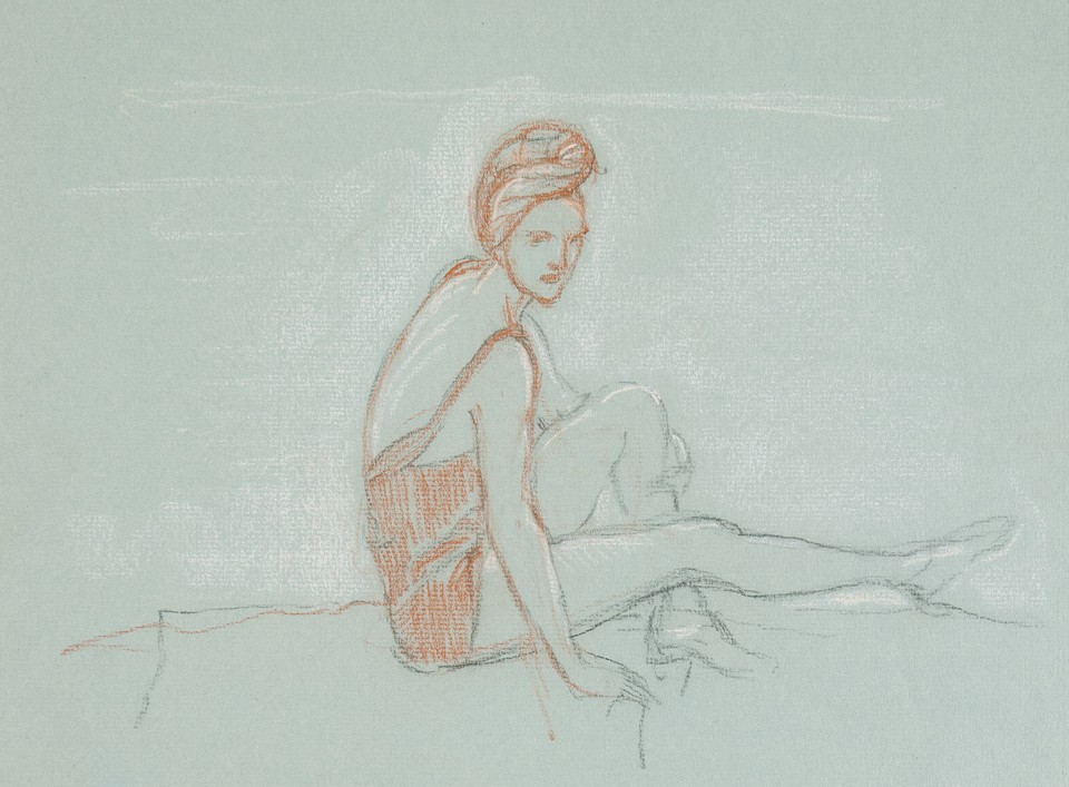 Study of seated woman dressed in bathing suit with hair ... Image 1