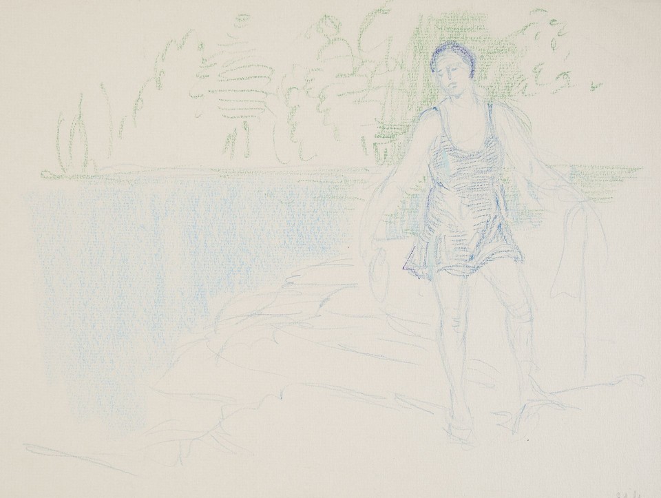 Study of woman dressed in bathing suit, holding cap and ... Image 1