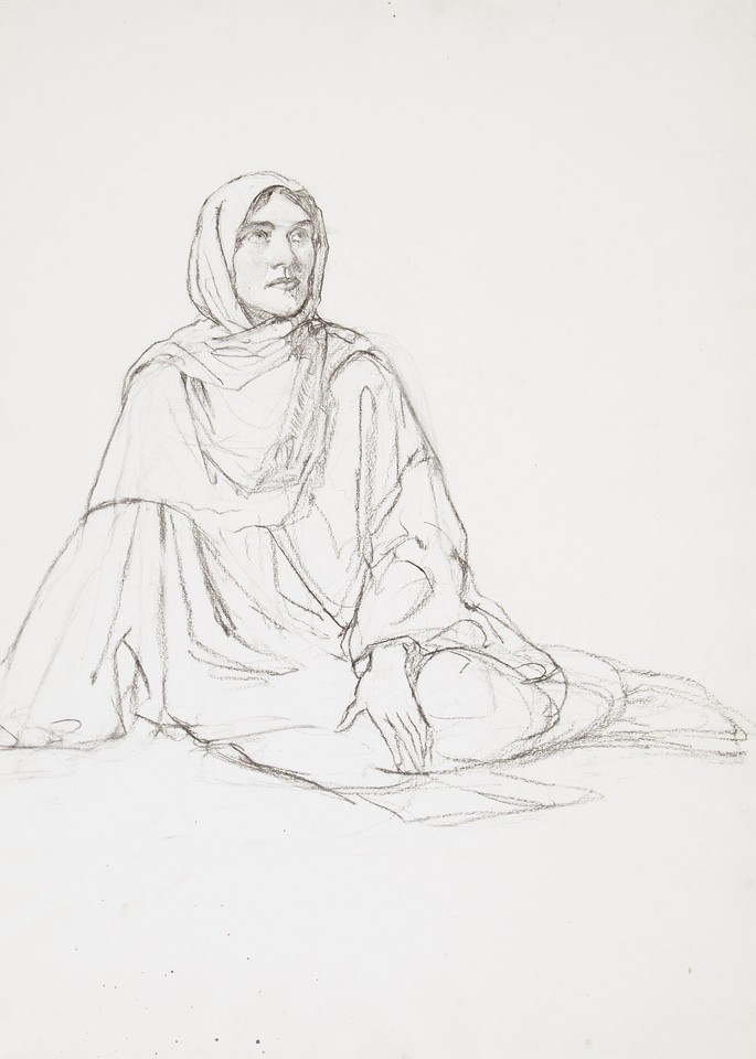 Study of a woman dressed in hooded cloak and sitting on the ... Image 1