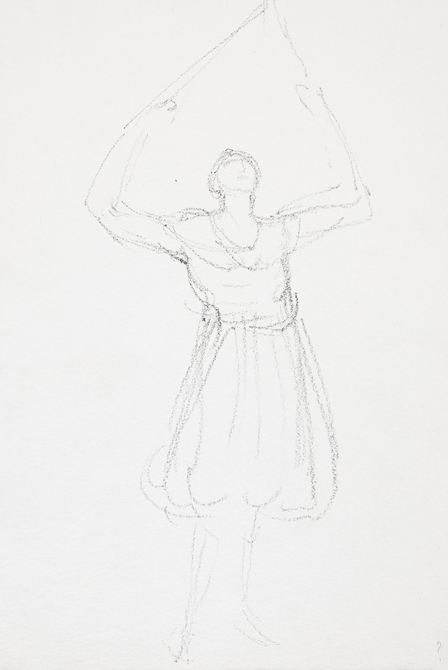 Study of woman seen from front holding shears above her head Image 1