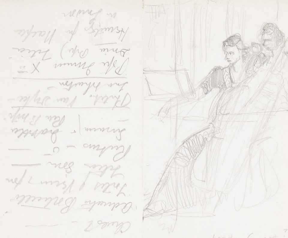 Study of woman playing cello with notations filling left ... Image 1