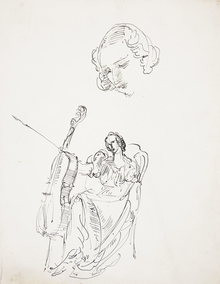 Studies of seated woman holding cello and bow and detail of ... Image 1