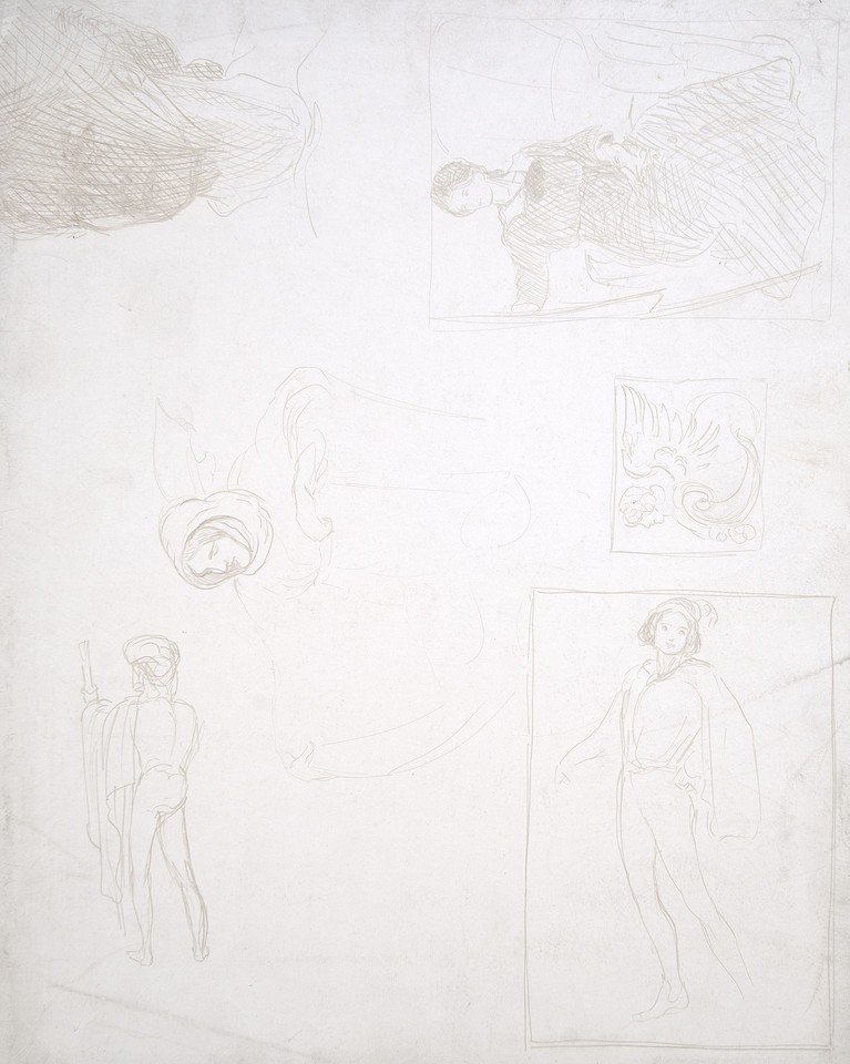 Studies of female figures, head and architectural element  Image 1
