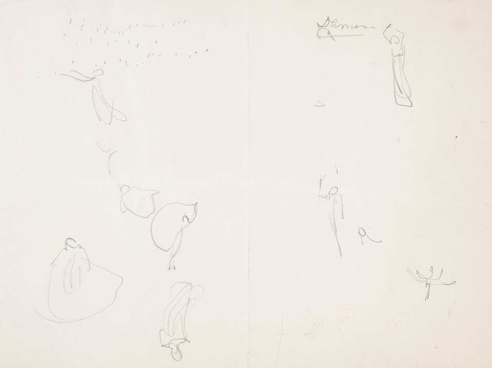 Sketches of stick figure with cape in various poses Image 1