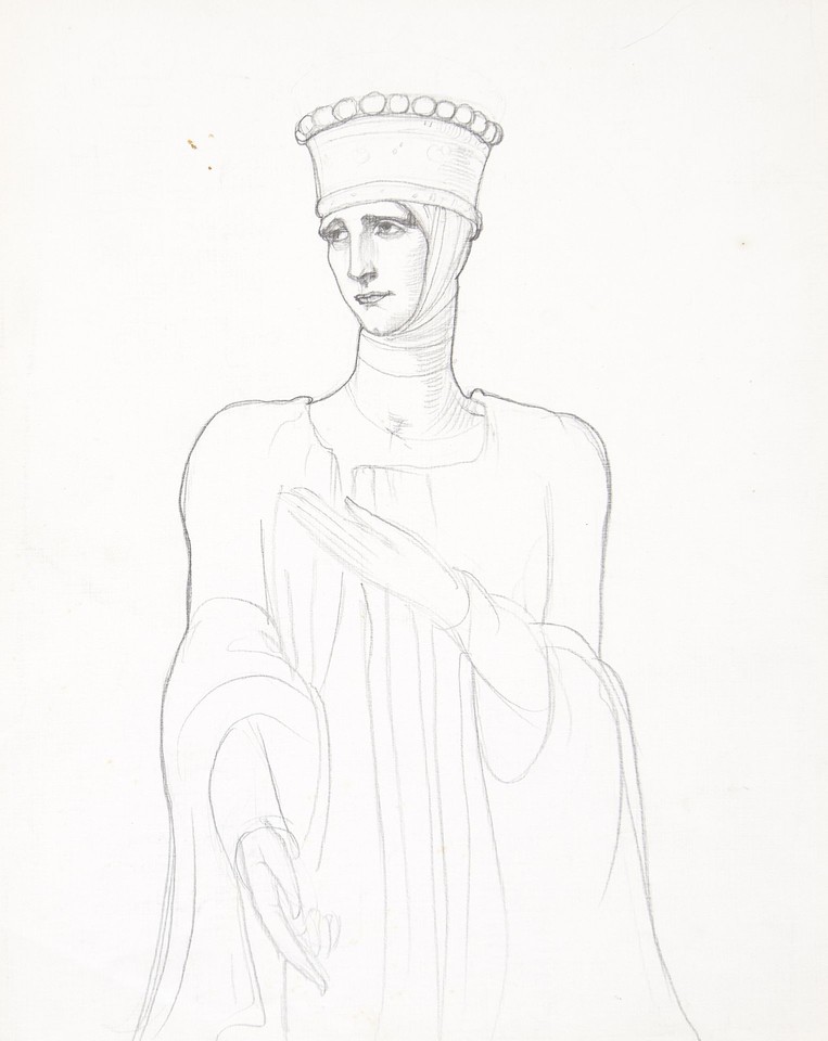 Three-quarter length study of woman in Medieval headdress Image 1