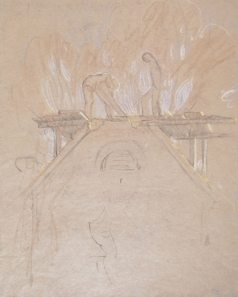 Study of two workmen on rooftop scaffolding Image 1