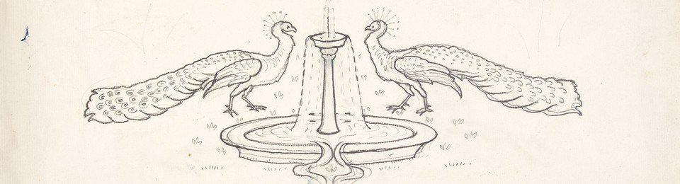 Study of two peacocks flanking water fountain Image 1