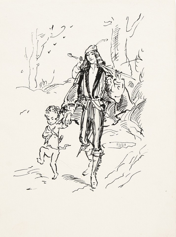 Study of young man walking in woods with Cupid Image 1