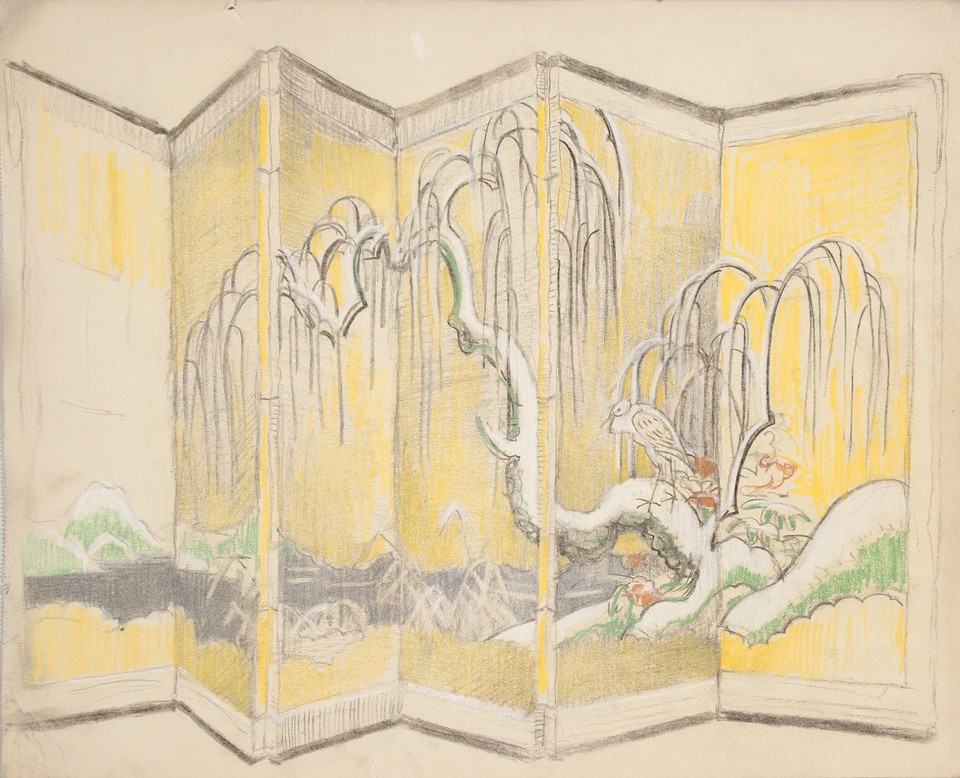Study of Japanese screen with egret on snow-covered willow t ... Image 1