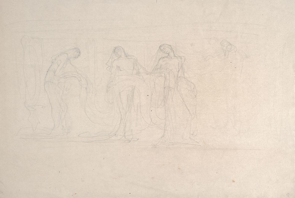 Study of three females wearing veils and holding long scroll ... Image 1