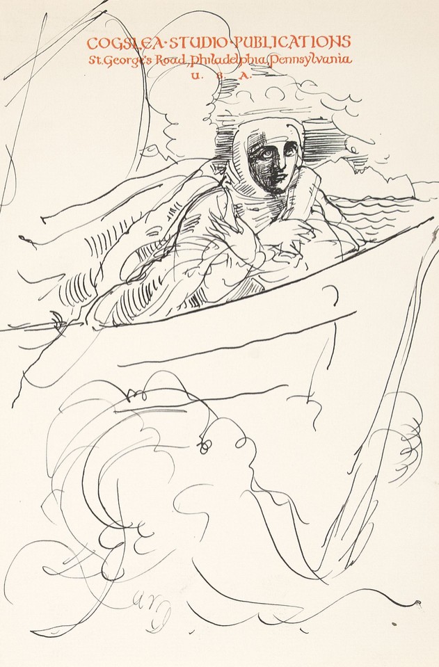 Study of cloaked woman seated in boat at sea  Image 1