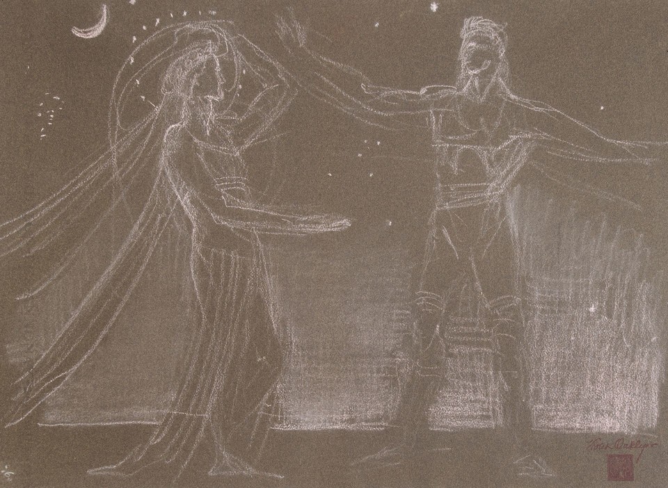 Woman and man standing in starry night landscape  Image 1