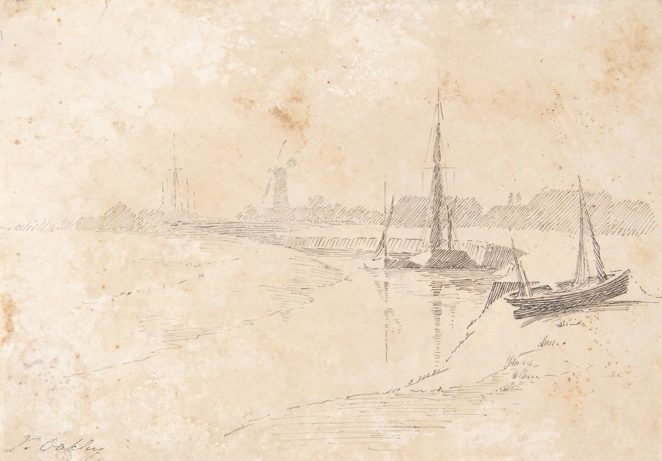 Landscape of sailboats along the shore and distant windmills Image 1