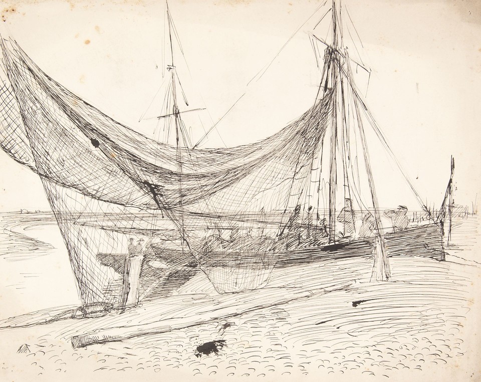 Landscape of boat and fishermen with fishing nets along the  ... Image 1