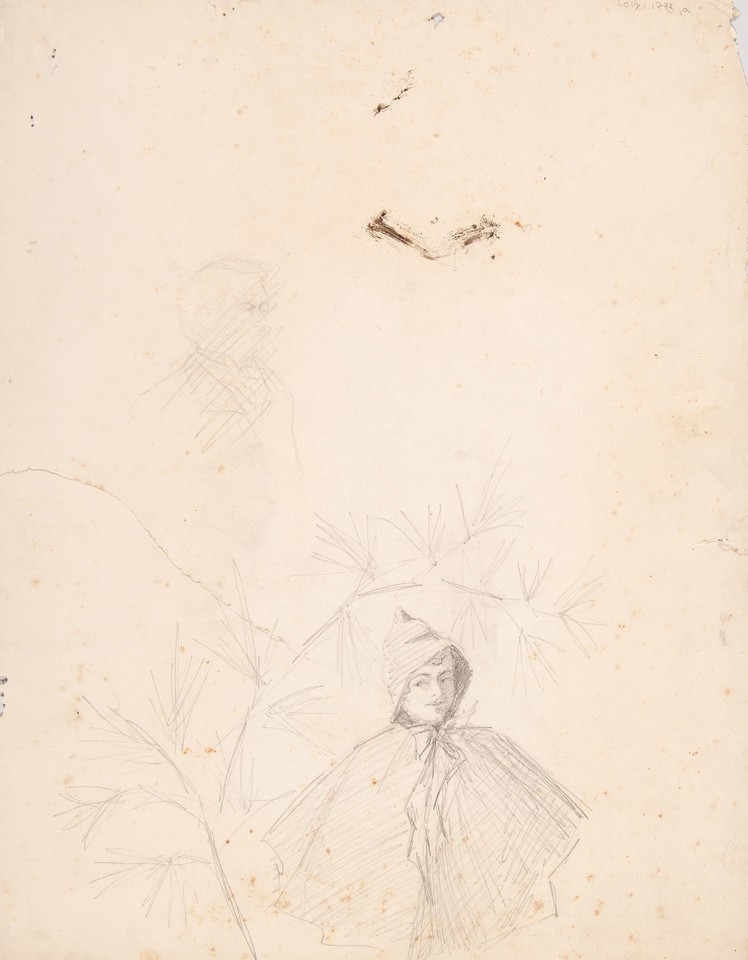 Study of girl in hooded cape under tree and sketch of man  Image 1