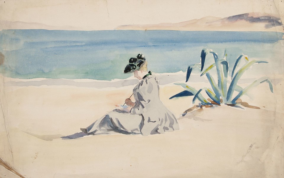 Portrait study of woman sketching on beach Image 1