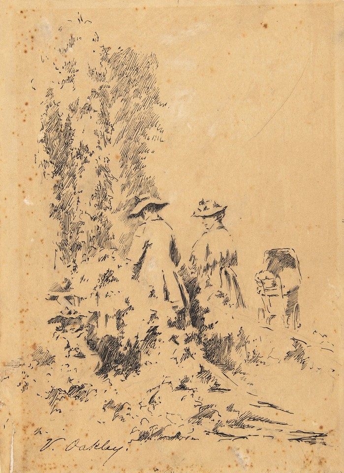Two Women and Baby Carriage in Landscape Image 1