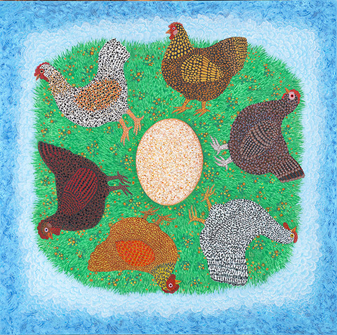 Linda Lee Alter: Both Came First: The chicken is in the egg and the egg is in the chicken (2012) Acrylic on birch plywood