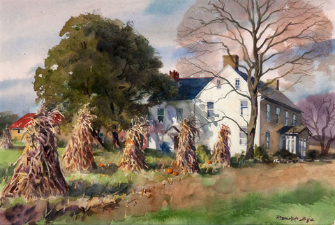 Ranulph Bye: Corn Shocks on Stover Mill Road (1985) Watercolor