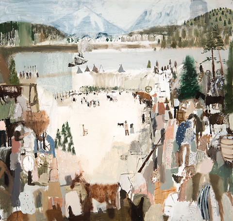 Mariel Capanna: Rockies, Riverboat, Teepees (2013) Oil on panel