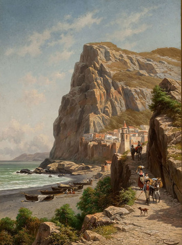 Jacques Francois Carabain: View near Amalfi, Italy, A, [also called A Village on the Mediterranean Coast] (Undated) Oil on canvas