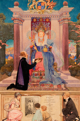 Elizabeth Shippen Green Elliott: Shakespeare Presenting His Work to Queen Elizabeth (c. 1920) Watercolor and pencil