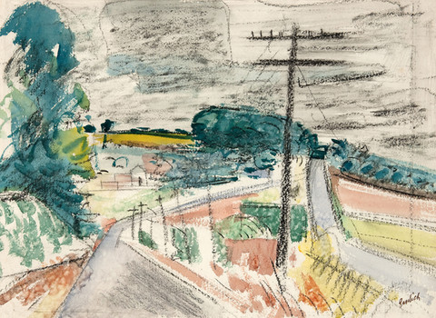 Paul Froelich: Bucks County Scene (before 1948) Charcoal and watercolor