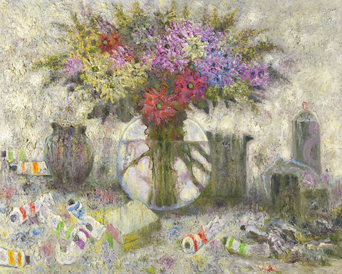 Sideo Fromboluti: Glass Vase with Flowers on Paint Tables (2004) Oil on canvas