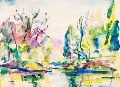 Betty W. Hubbard: [Landscape with water in foreground] (Undated) Watercolor