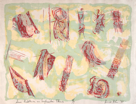 Bernard A. Kohn: Some Riddles on an Unfamiliar Theme (1966) Color wood engraving