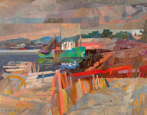 John Raymond Maxwell: Lobsterman's Cove (Undated) Acrylic and collage on canvas