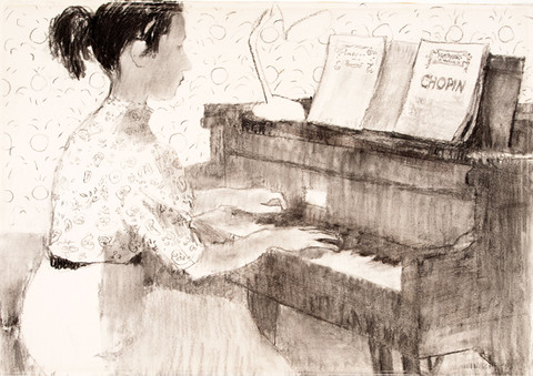 Mitzi Melnicoff: Girl at Piano (1956) Charcoal on paper