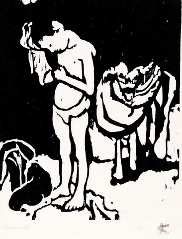 Mitzi Melnicoff: Untitled (standing boy dressing) (Undated) Woodcut