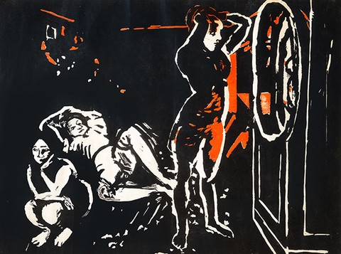 Mitzi Melnicoff: Standing Woman Looking in Mirror with Two Children (c. 1965) Two-color woodcut