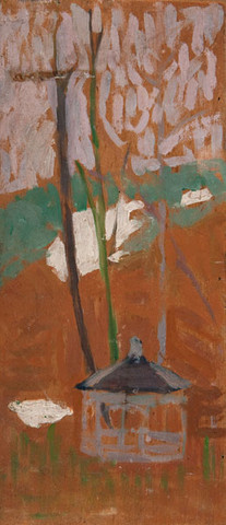 Mildred Bunting Miller: Trees and Gazebo (Undated) Oil on plywood cigar box lid