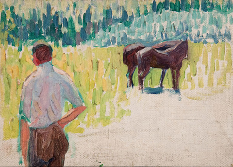 Mildred Bunting Miller: Man and Two Horses (Undated) Oil on canvasboard